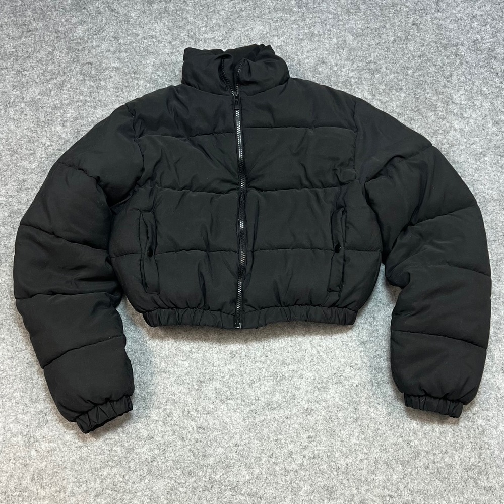 PRETTYLITTLETHING Black Puffer Jacket Cropped Funnel Neck Zip Up Y2K‎ Junior XL